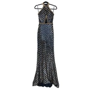 NWT Alisha Hill Halter Rhinestones/Sequin Long Prom Dress Sz 2 Navy Blue/Gold